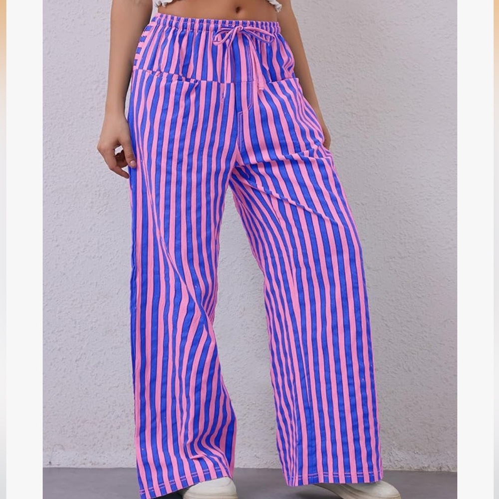 Women’s drawstring striped wide leg pants with pockets